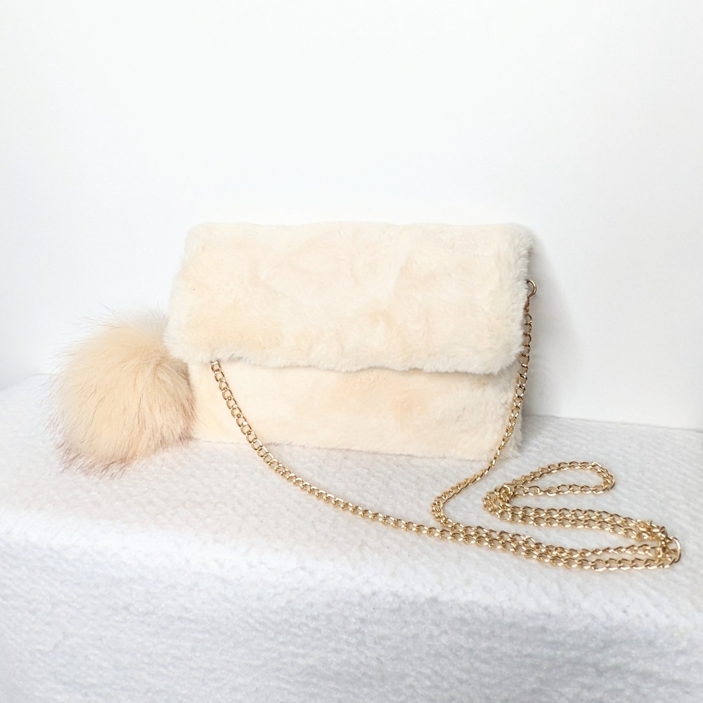 Faux Fur Crossbody Bag With Pom Detachable Gold Crossbody Chain Off White - Picture 1 of 13